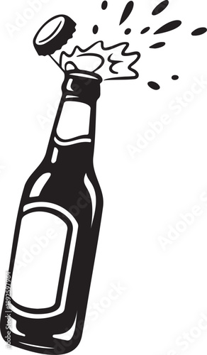 Opening Beer Bottle Illustration with Splashing Foam Retro Style Beverage Graphic