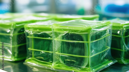 Packs of antiseptic wipes individually sealed in clear green packaging
