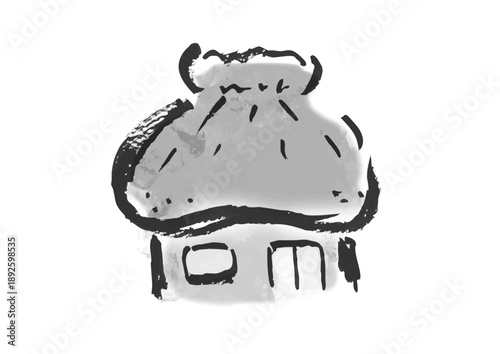 筆書きの日本の昔話風の藁葺き屋根の家の和風イラスト素材