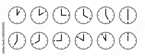 Time and clock icons. Analog clock, notifying each hour. Business watch. Speed time icon. Vector illustration