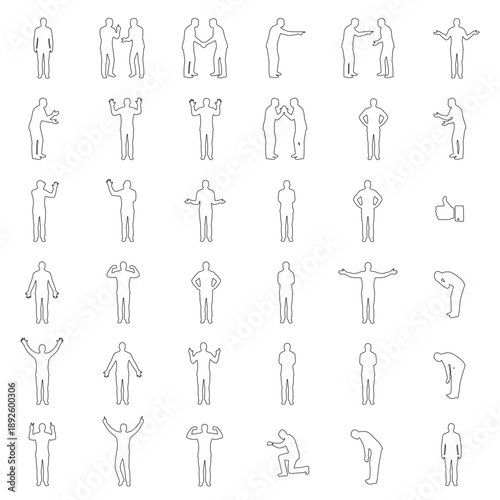 Set of 48 people line art figures in various body poses and gestures: standing, pointing, raising arms, bending, kneeling, communication and neutral positions. 