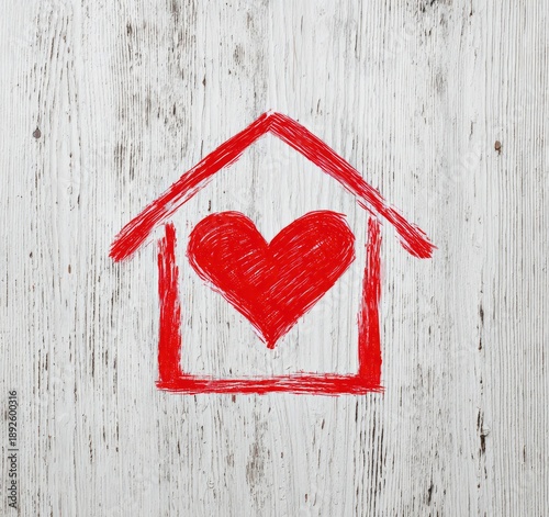 A red crayon drawing depicts a heart within a house outline, set against a distressed white wood background