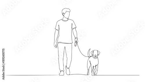 Continuous Line Drawing of a Man Walking His Dog on a Leash, Illustrating Pet Ownership and Daily Activity with a Simple Minimalist Style