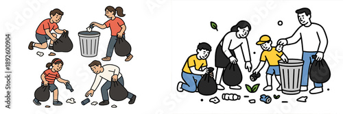 Community members engaging in a group cleanup activity outdoors