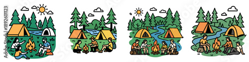 Camping adventures in a serene nature setting with tents and campfires
