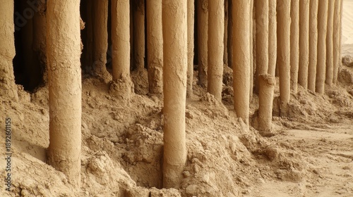 Towering pillars of compacted earth and natural clay formations erode on a dusty landscape