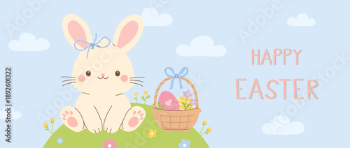 Cute Happy Easter banner with bunny, basket with eggs, flowers on spring meadow. Flat vector illustration.
