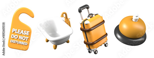 Pack of 3D colored hotel icons. Isolated vector models of bathtub, suitcase, reception bell, hanger please do not disturb. Creative components for advertising compositions, web design