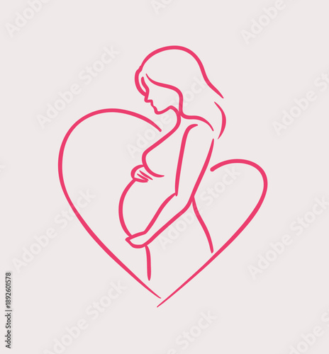 Stylized outline of a pregnant woman embracing her belly within a heart shape