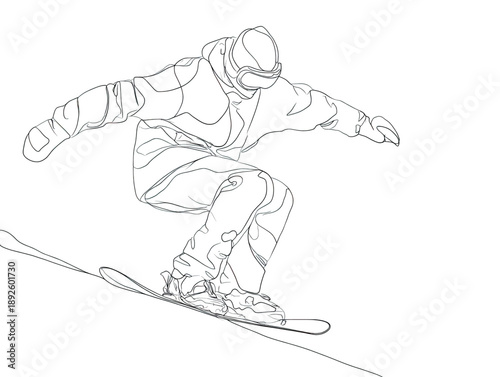 Minimalist continuous line art drawing of a snowboarder carving down a snowy slope