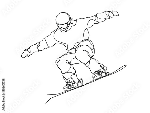 Dynamic continuous line drawing of a snowboarder in action on a white background