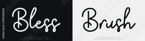 Bless Brush, Script Elegant alphabet letters font and number. Classic Modern Serif Lettering Minimal Fashion. Typography decoration fonts for branding, wedding, invitations, logo.
