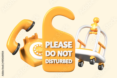 Group of vector hotel objects closeup. Templates for concepts of professional service, care for guests. Local reception phone number, luggage case, do not disturb sign