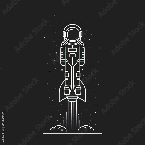 White outline astronaut rocket launching with smoke on a dark starry background