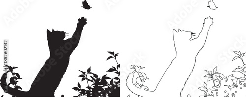 Black cat silhouette reaching for butterfly with plants and white outline