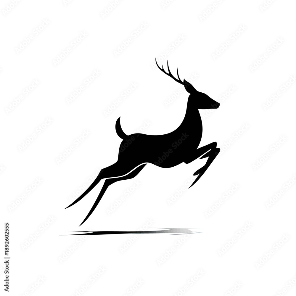 Obraz premium Dynamic black silhouette of a horned deer leaping across a clean white background