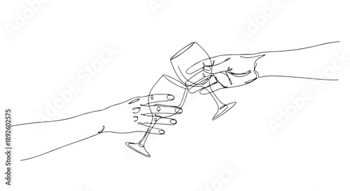 Elegant continuous line art illustration of two hands clinking wine glasses, symbolizing a joyous toast, celebration, and friendship