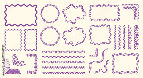 Wavy line frames and dividers set with hand drawn purple zigzag and squiggly borders. A vector collection for creating fun photo layouts, quirky quote boxes, and modern design elements.