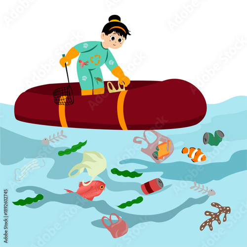 Cute little kid picking up plastic trash in the sea. Plastic pollution in the ocean. Stop plastic pollution in the ocean. The ocean is polluted with plastic equipment, bottles, and bags. Vector illust