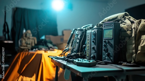 Various high frequency radios and communication equipment displayed on a table with a bright light illuminating the scene
