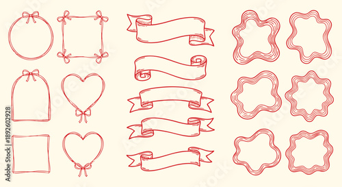 Hand drawn frames and ribbon banners set in a red doodle and sketch style. A vector collection of decorative borders and labels for scrapbooking, journaling, and creative design projects.