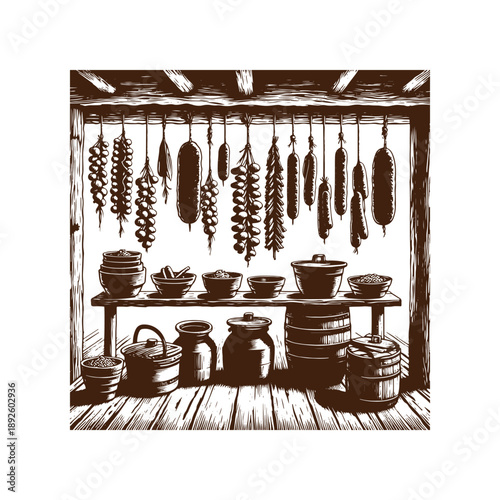Traditional food storage room with hanging sausages and barrels