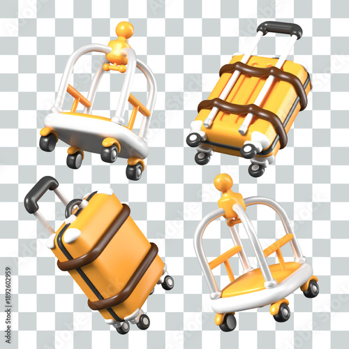 Realistic suitcase, luggage trolley. Vector detailed 3D models, view from different sides. Set of templates for concepts of hotel services, baggage transportation