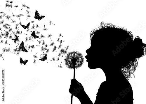A girl's silhouette blows a dandelion, its seeds and butterflies scatter into the air