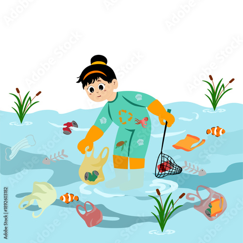 Cute little kid picking up plastic trash in the sea. Plastic pollution in the ocean. Stop plastic pollution in the ocean. The ocean is polluted with plastic equipment, bottles, and bags. Vector illust