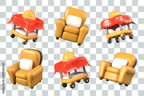Armchair with soft upholstery and cushions, serving table on wheels. Vector isolated templates in different positions. Set of elements for dynamic room service concepts. Food delivery