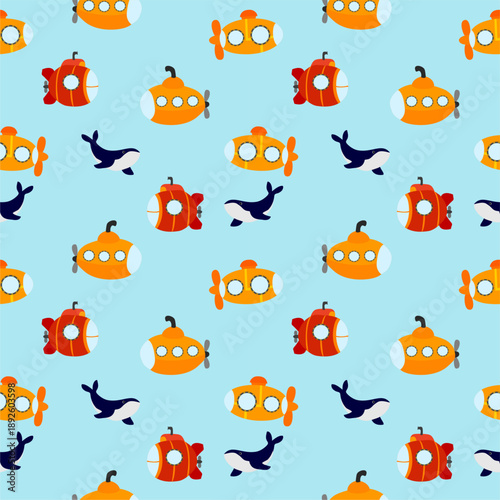 Background submarines and marine inhabitants Bright seamless pattern. Vector seamless pattern with submarine, fish, Underwater cartoon creatures.Marine background. Cute ocean pattern for fabric, banne