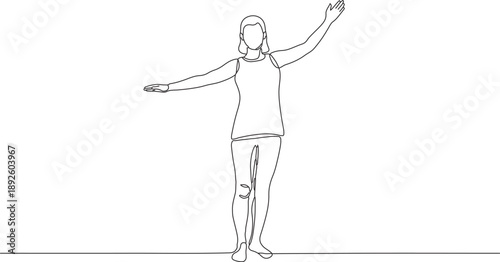 Continuous line drawing of a woman in a dancing pose, with arms extended in graceful motion, minimalist illustration