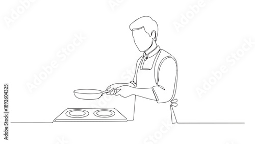 Minimalist single line art illustration of a person diligently cooking a meal, stirring a frying pan on a kitchen stovetop