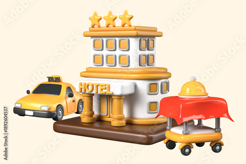 Set of realistic objects for advertising three star hotel. Service for modern tourist, vacationer. Building with sign, taxi, serving table on wheels with dome
