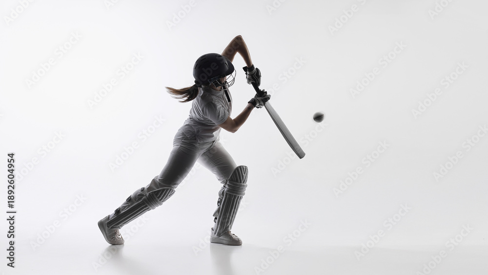 Obraz premium Female cricket batter executing controlled front foot shot. Concept of technical skill, shot accuracy, batting fundamentals, sports instruction, and professional cricket technique for coaching.