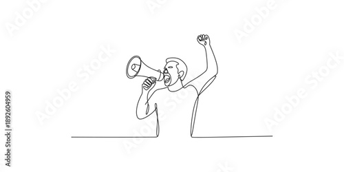 Continuous line art drawing of a man shouting into a megaphone with a raised fist.