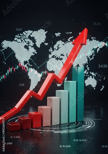 Business growth and financial success concept with rising red arrow and bar chart on digital stock market background