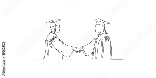 A continuous line art drawing of two graduates shaking hands, celebrating a successful academic journey.