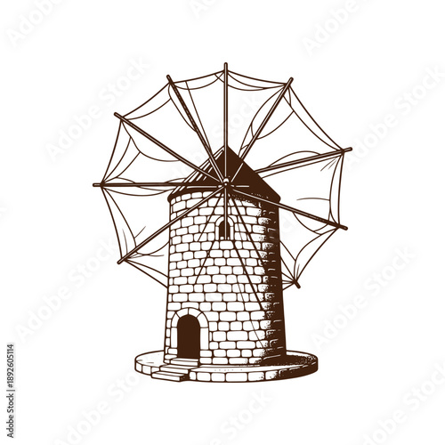 Vintage windmill illustration with stone structure