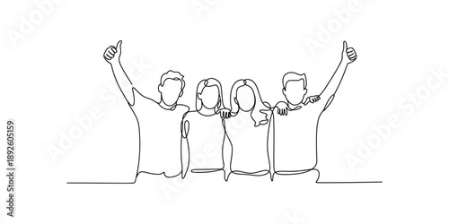 Continuous line drawing of four friends celebrating success with thumbs-up gestures