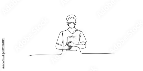 Single continuous line art drawing of a medical professional holding a clipboard