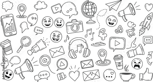 Hand drawn social media doodle icons set with communication symbols, emojis, messages, marketing elements and digital interaction illustration