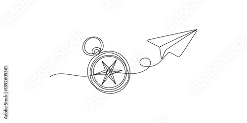 Continuous line drawing of a compass and paper airplane representing travel and guidance