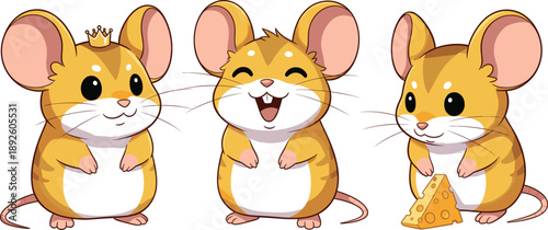Cute cartoon mouse characters set with happy expressions, cheese, and crown, adorable animal mascot illustration design