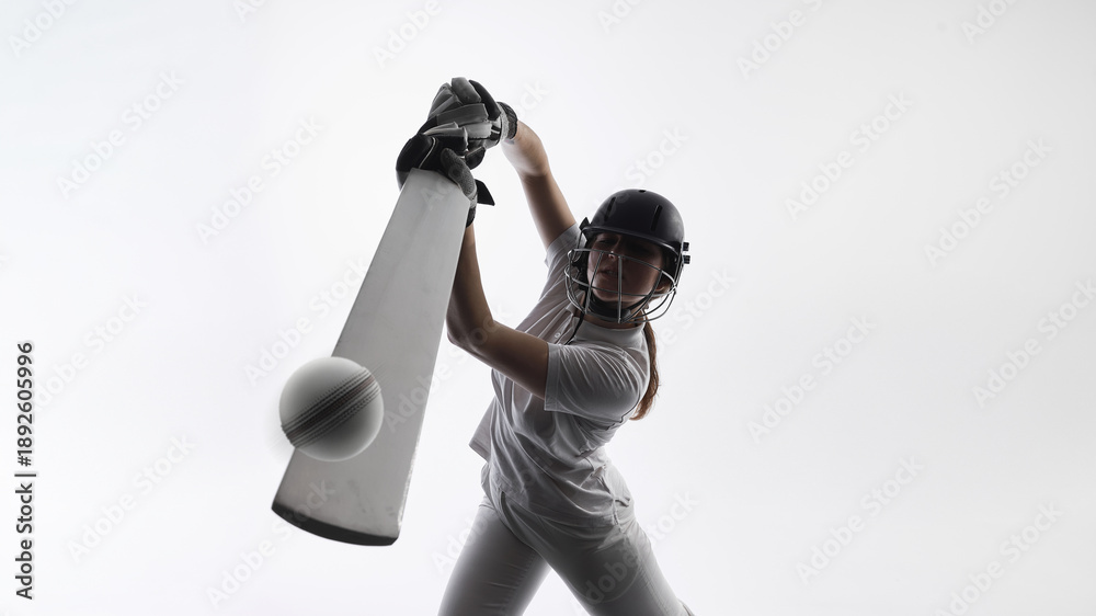 Naklejka premium Cricket player hitting ball with bat during powerful shot in studio. Concept of professional cricket action, athletic performance, competitive sports moment, training intensity and commercial visuals.