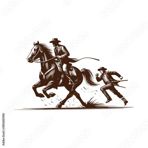 Cowboy on horseback chasing bandit through open terrain