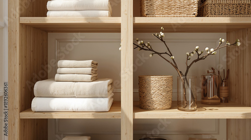 Scaffale in legno con asciugamani puliti ripiegati, cesti di vimini e rami decorativi. Generative AI 