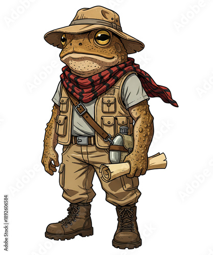 A brave frog adventurer equipped for an exciting journey, he is prepared to discover new lands, showcasing an intrepid spirit of exploration. Isolated Background, PNG