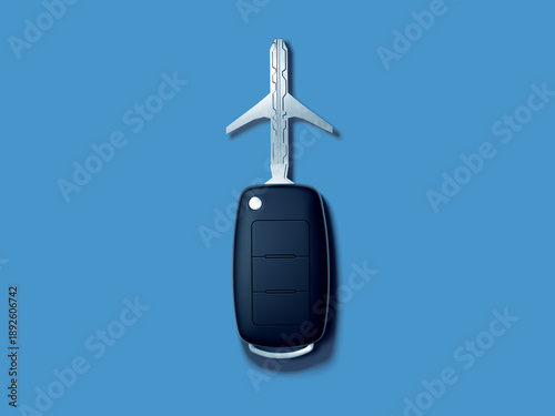 Obraz na plátně Concept of travel and transport with a car key shaped like a jet airplane on blue background