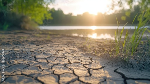 Sun baked cracked dry mud textures with sunlight reflecting on a distant lake surrounded by trees